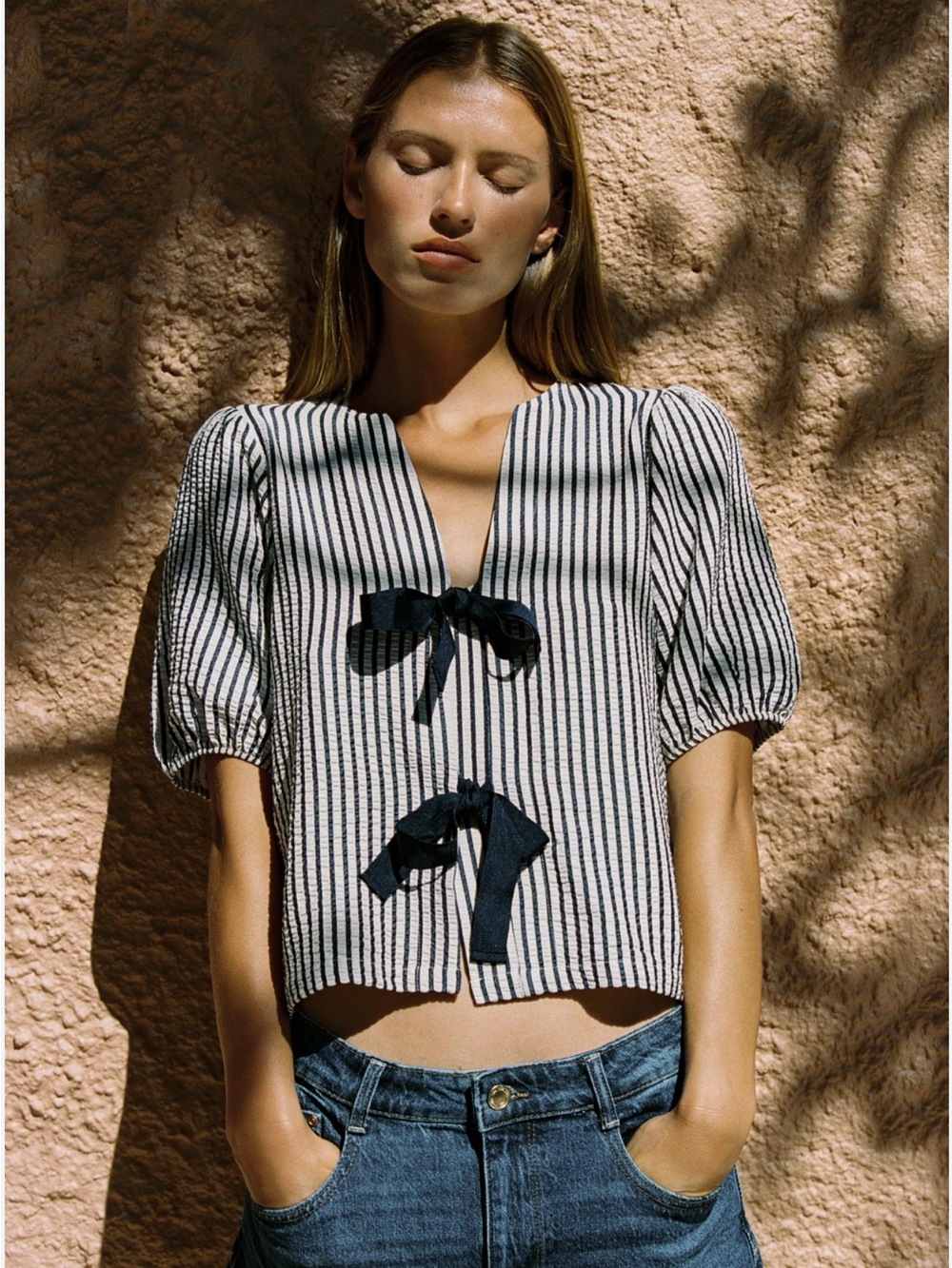 Zara Black and White Striped Puff Sleeve Tie-Front Blouse
